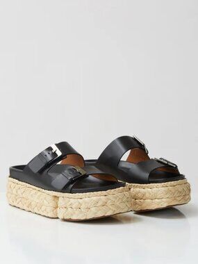 Robert Clegerie Raffia Abby Black Leather Platform Espadrille Sandals Womens 8.5